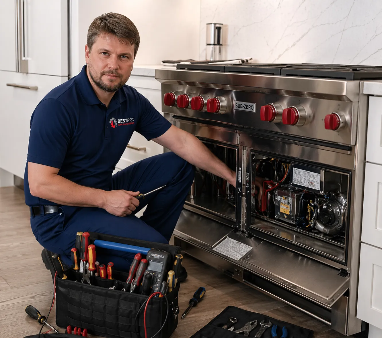 technician is repairing sub zero fridge